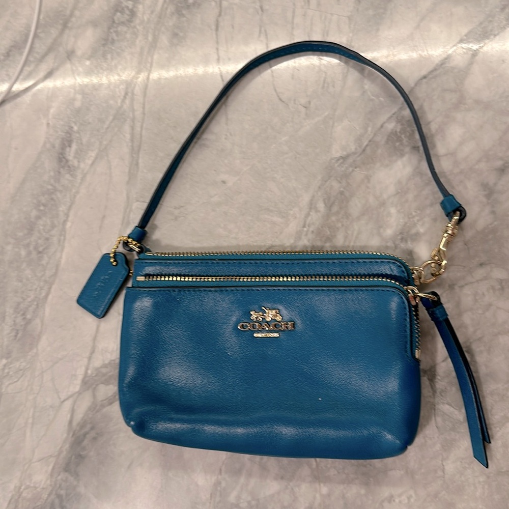 Turquoise Coach Wristlet Wallet Two Zipper Pocket